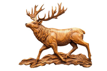 Naklejka premium Artistic wooden carving of a majestic stag in dynamic pose capturing the essence of nature isolated on transparent background