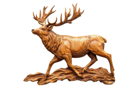 Artistic wooden carving of a majestic stag in dynamic pose capturing the essence of nature isolated on transparent background
