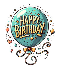 A blue birthday balloon with the words "HAPPY BIRTHDAY!" written in bold yellow, playful font, isolated on white background