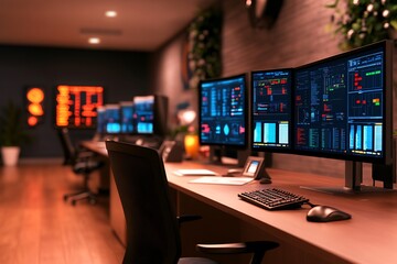 endless workstations with glowing blue computer screens office