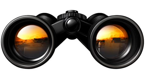 Black binoculars with sunset reflection in lenses transparent background