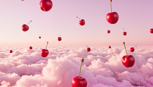 Surreal sky with fluffy pink clouds and levitating cherries reflecting soft light