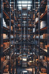 Efficient Multi-Level Warehouse: Intricate Shelving and Conveyor System for Logistics Management