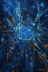 Futuristic digital cityscape with glowing circuitry