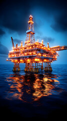 Obraz premium Oil Rig at Night, Offshore Platform, Dark Sea, Industrial Landscape, Image for Engineering