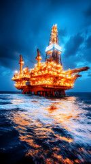 Obraz premium Oil Rig at Night on the Ocean. Possible use Stock photo for energy industry publications or websites