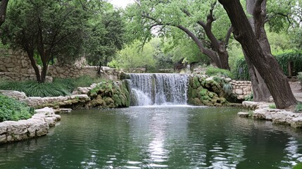 Naklejka premium Serene Waterfall Cascading into Lush Green Pond