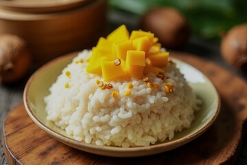 A plate of rice with yellow mango slices on top. The plate is on a wooden table