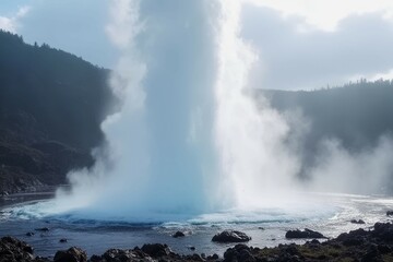 A large geyser erupts with steam and water, creating a dramatic and awe-inspiring scene