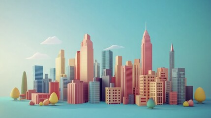 Obraz premium Pastel Cityscape: A Charming Low-Poly 3D Render of an Imaginative Urban Landscape under a Soft Sky