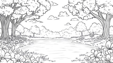 Forest scene, tranquil lake, black and white drawing, artistic