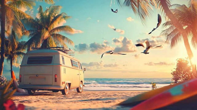 Vintage camper van parked on a serene tropical beach with palm trees, surfboards, and seagulls flying against a vibrant sunset sky