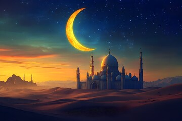Majestic Mosque at Sunset Under a Crescent Moon and Starry Night Sky