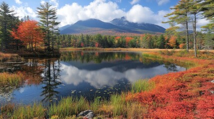 Fototapeta premium Autumnal lake reflecting mountains and colorful trees