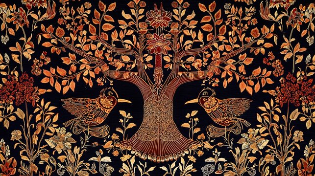 A decorative tapestry featuring a stylized tree and birds amidst floral patterns.