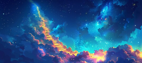 Fototapeta premium A heavenly temple among the clouds with illuminated staircases ascending to the stars