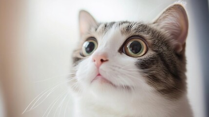 Fototapeta premium A Curious Grey and White Cat Gazing Upwards, Big Eyes and Whiskers, Close Up Shot
