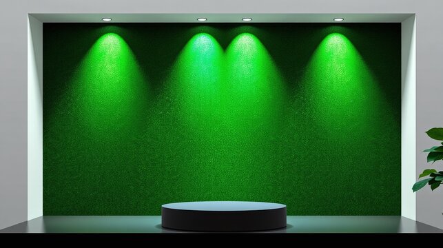 A black pedestal illuminated by green lighting on a textured green wall.