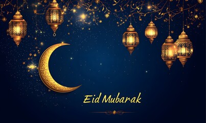 Fototapeta premium Beautiful Eid Mubarak Greeting with Golden Lanterns and Crescent Moon