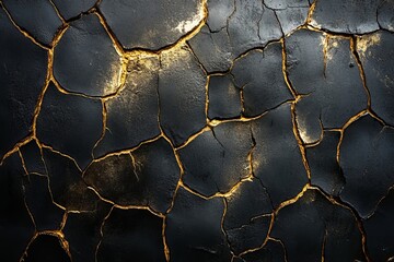 The abstract texture of black cracked earth with gold accents, a mesmerizing display of natural patterns