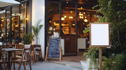 Blank Signboard Outside a Cozy Restaurant at Dusk