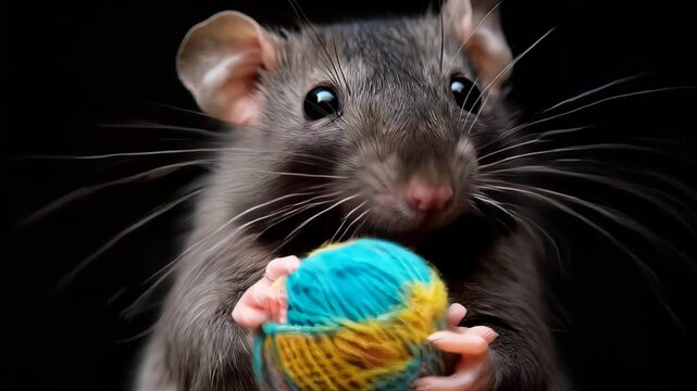 Curious rat holding colorful yarn ball in closeup sequence