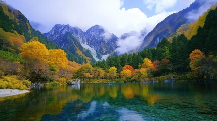 Autumnal lake mirroring snow capped mountains and vibrant foliage