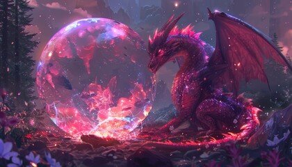 A playful dragon embraces a radiant pearl in a tranquil enchanted forest setting