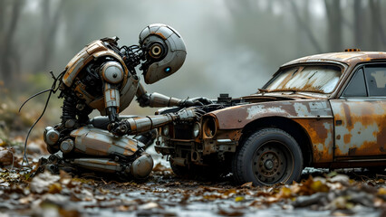 Robot working on a rusty car