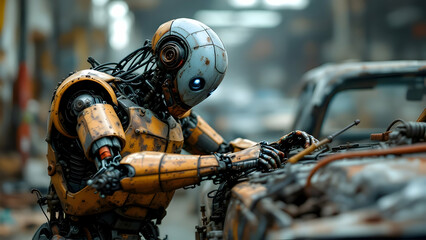 Fototapeta premium Robot working on an old car