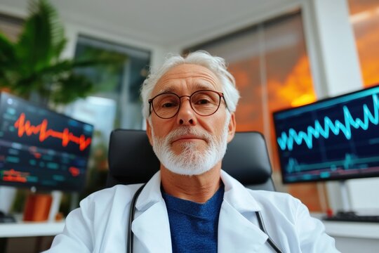 Elderly caucasian male doctor in office with medical monitors displaying heart rate data - Powered by Adobe