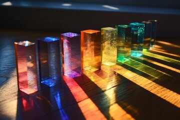 a vibrant array of colorful prisms casting rainbows of light on a wooden surface, creating a visually stunning and artistic composition.