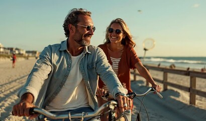 Happy Couple Cycling Along the Beach at Sunset: Romantic Beach Getaway - Powered by Adobe