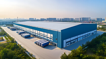 Aerial view of the warehouse building with a blue color and white metal roof
