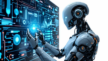 Android robot with futuristic background