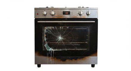 Fototapeta premium Burned and Broken Oven on White Background - A damaged stainless steel oven with a shattered glass door and burn marks. Symbolizing: failure, damage, repair, replacement, kitchen mishap