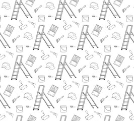 Painter accessories Seamless pattern. Collection of ladder, paint brush, roller, tray, graphic line vector illustration on white background.