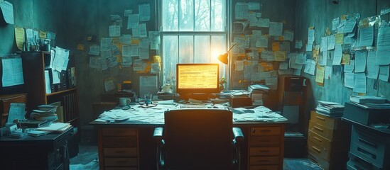 Messy office with computer, papers, and notes on walls.