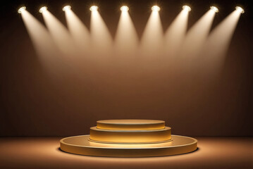 Obraz premium Podium for displaying goods, cosmetics. Luxury gold round podium winner ceremony on abstract dark background with light of spotlights, 3D platform, stage for award. Advertising of products. Copy space