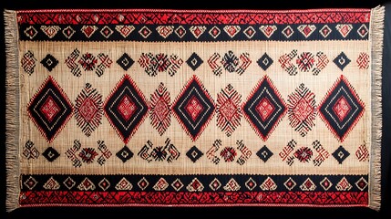 A decorative woven rug featuring geometric patterns in red, black, and beige tones.