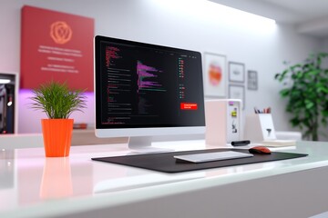 futuristic office with floating glass desks and AI assistants