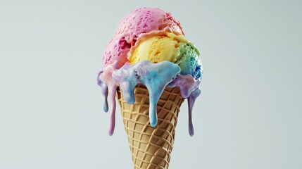 Rainbow ice cream cone melting, studio shot, light background, dessert advertising