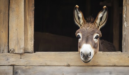 Donkey looking through barn window on a sunny day