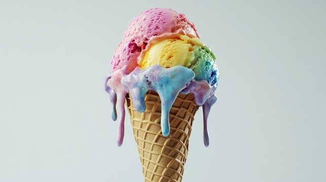Rainbow ice cream cone melting, studio shot, light background, dessert advertising
