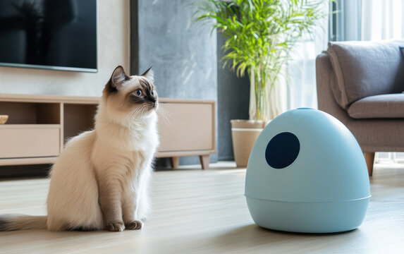 Curious cat observes a blue automated pet feeder in a modern home