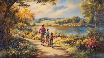 * Parents and children biking along a picturesque trail.