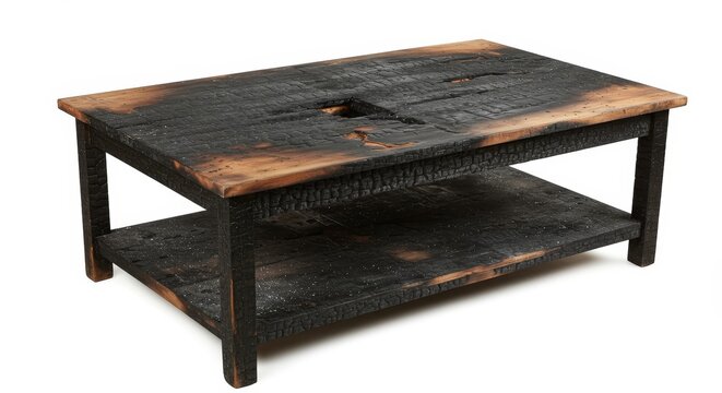 Burned Wood Coffee Table with Shelf - Rustic, charred wood coffee table; two-tiered design; reclaimed wood; unique texture; industrial