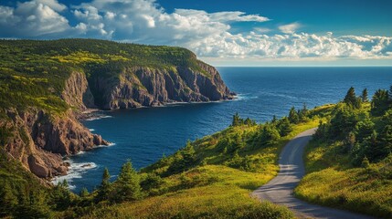 Fototapeta premium Scenic coastal road with stunning sea views and majestic rock outcrops in the background