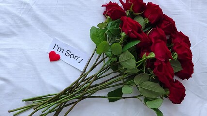 Bright bouquet of red roses with white card with the inscription text i am sorry, the concept of apologies.