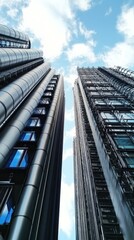 Modern skyscrapers reaching towards a blue sky